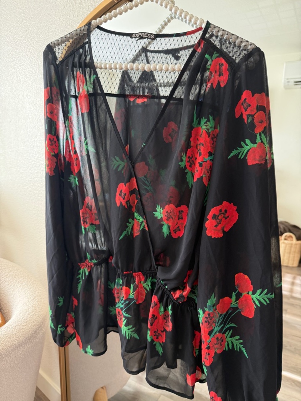 Express Black Sheer Wrap Blouse with Red Floral Print